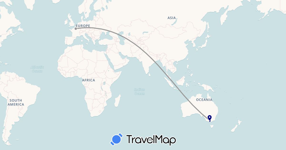 TravelMap itinerary: driving, plane, hiking in Australia, France, Singapore (Asia, Europe, Oceania)